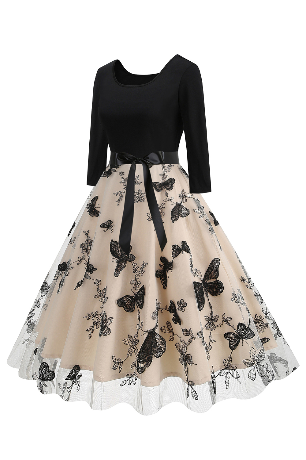 Classic Butterfly Print Belted Tea Dress