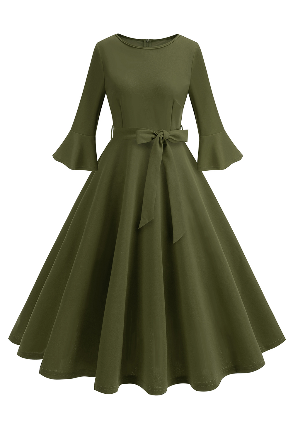 Elegant Trumpet Sleeve Vintage Dress with Bow Waist Belt