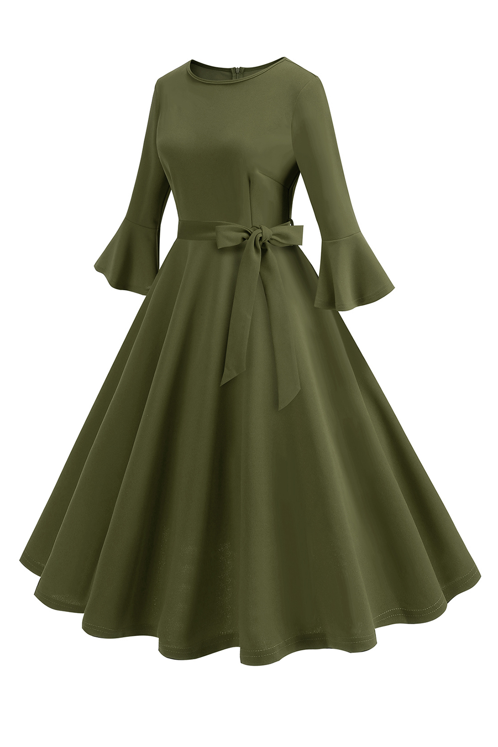 Elegant Trumpet Sleeve Vintage Dress with Bow Waist Belt