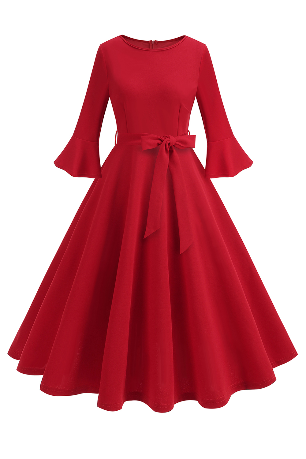Elegant Trumpet Sleeve Vintage Dress with Bow Waist Belt
