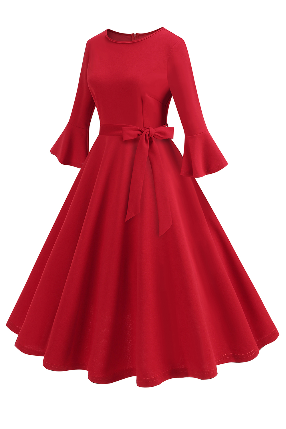 Elegant Trumpet Sleeve Vintage Dress with Bow Waist Belt