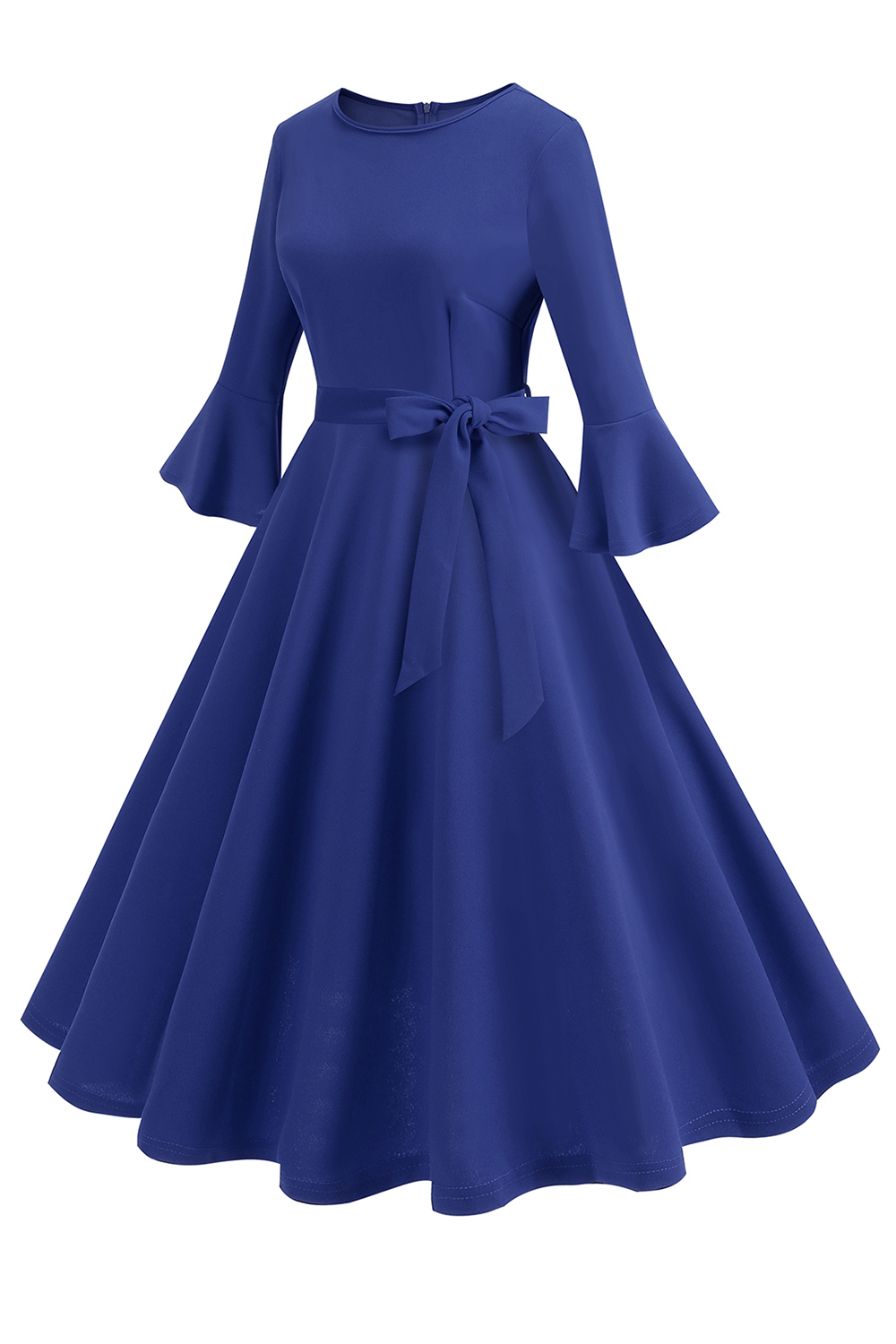 Elegant Trumpet Sleeve Vintage Dress with Bow Waist Belt