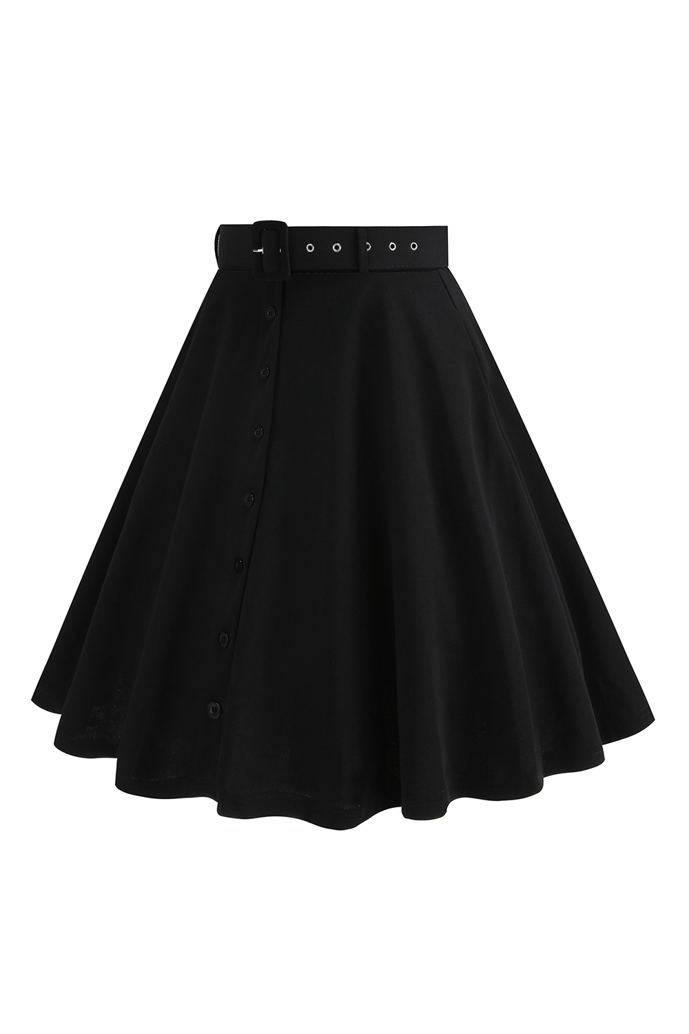 Solid Color Button-Up Belted Midi Vintage Skirt