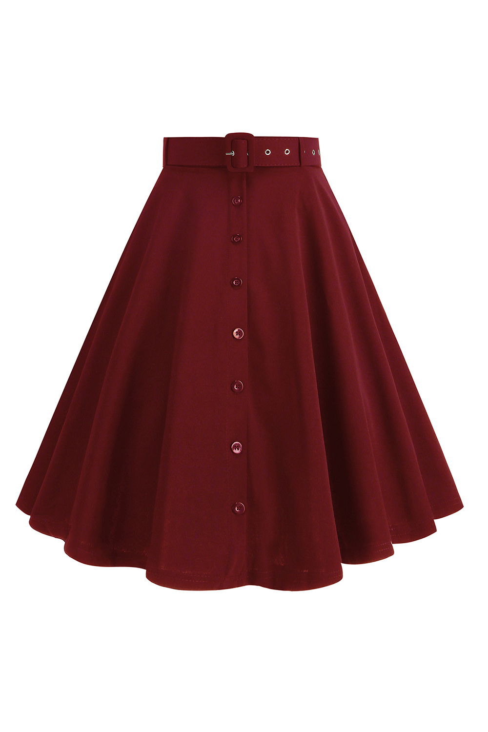 Solid Color Button-Up Belted Midi Vintage Skirt