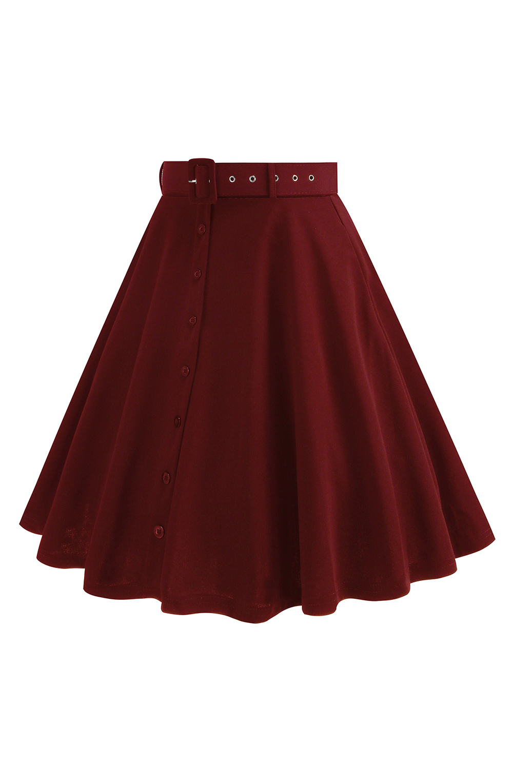 Solid Color Button-Up Belted Midi Vintage Skirt