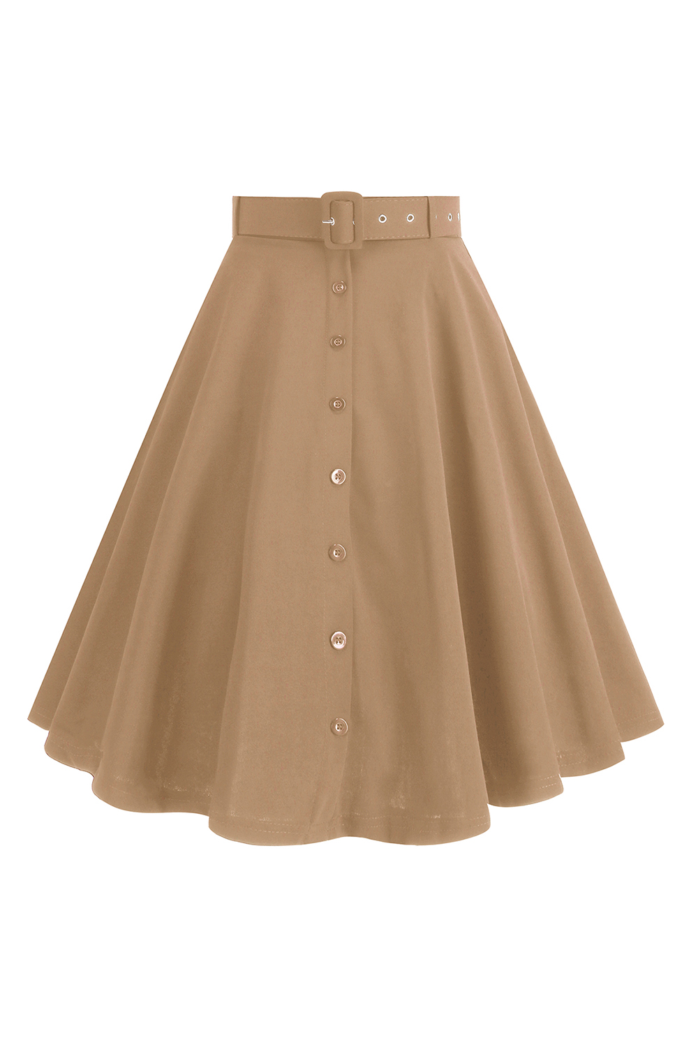 Solid Color Button-Up Belted Midi Vintage Skirt