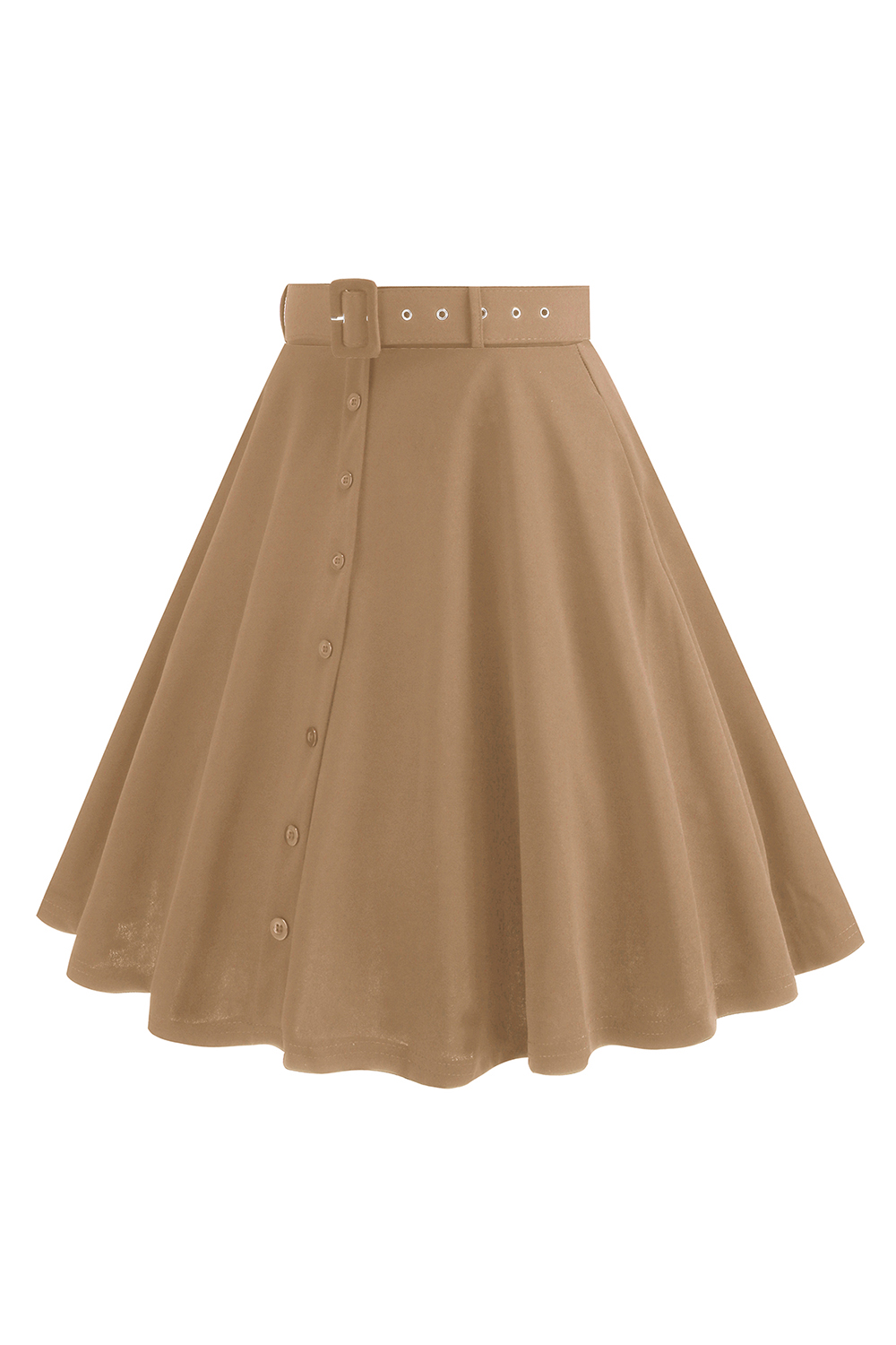 Solid Color Button-Up Belted Midi Vintage Skirt