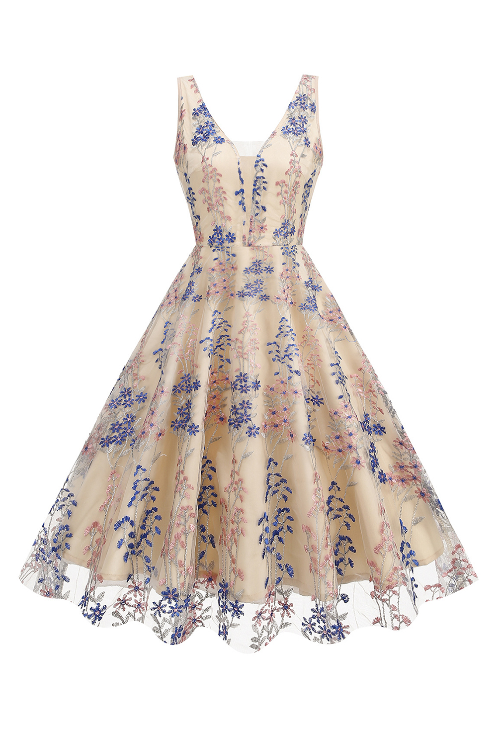 Sexy Deep V-Neck Floral Appliques A-Line Dress