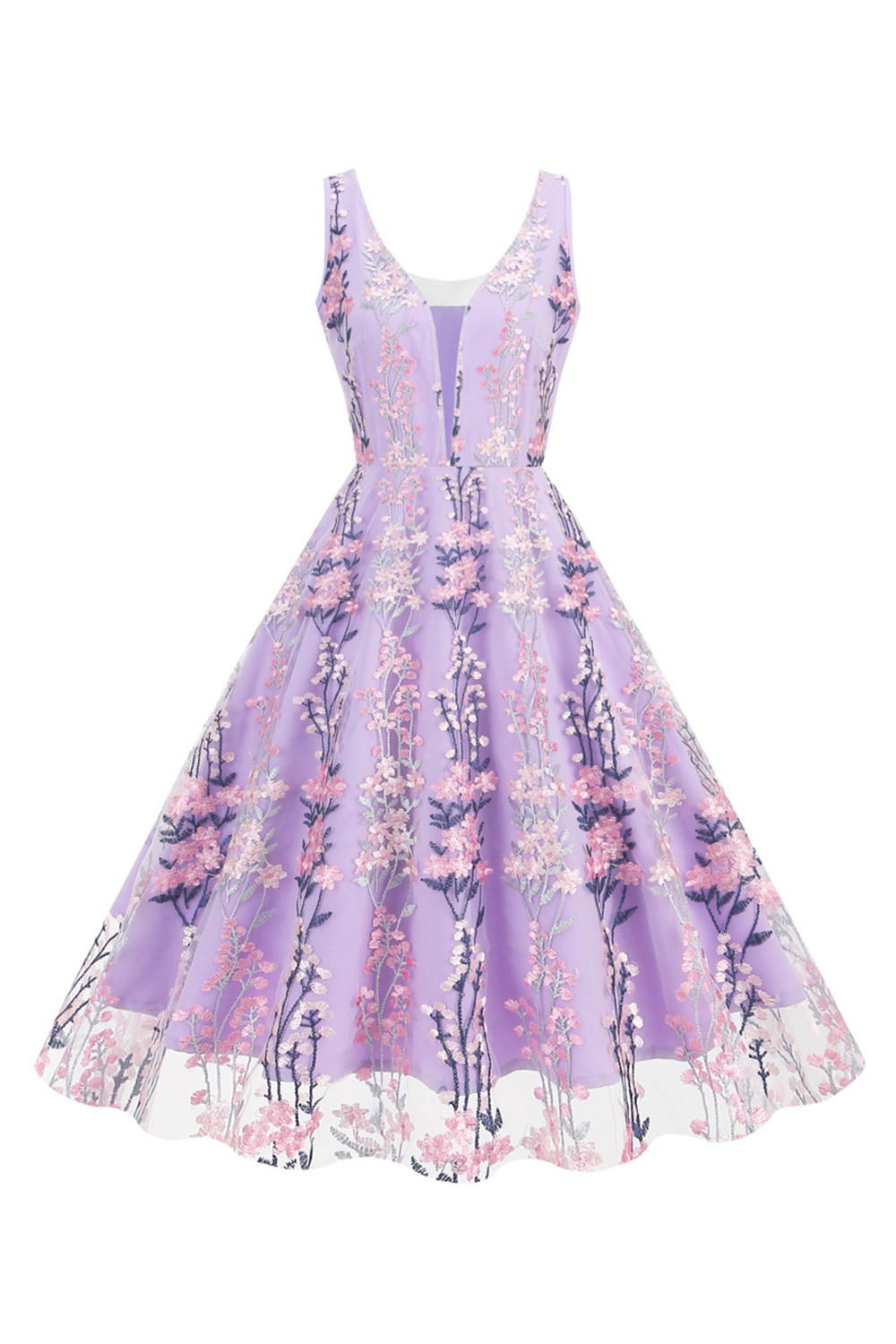 Sexy Deep V-Neck Floral Appliques A-Line Dress