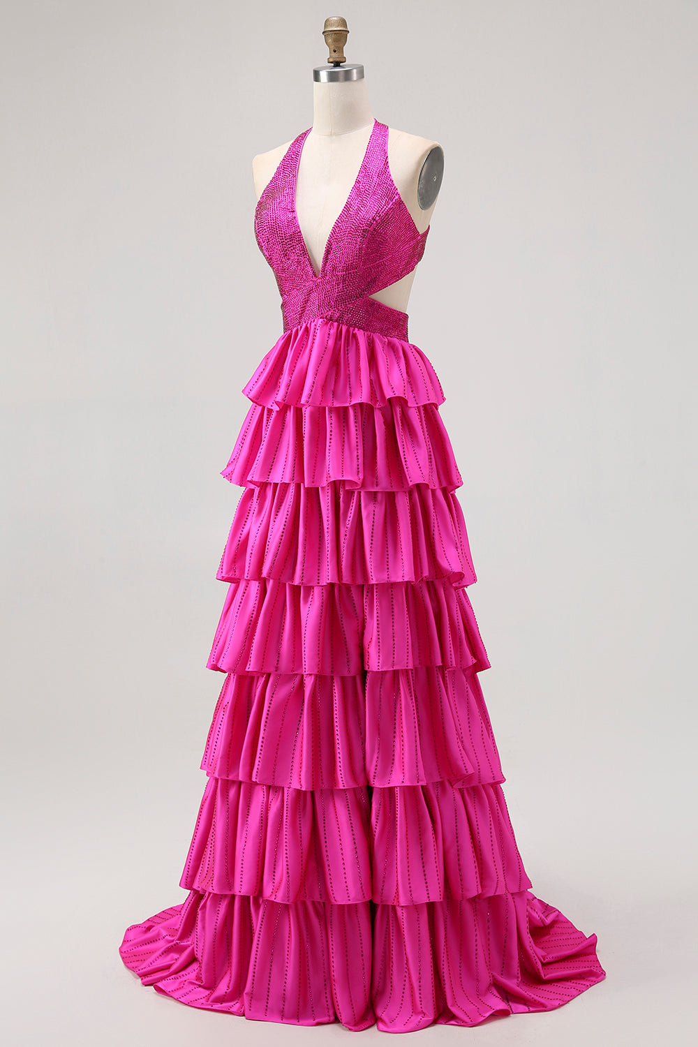 Sparkly Fuchsia A-Line Halter Tiered Long Formal Dress with Beading