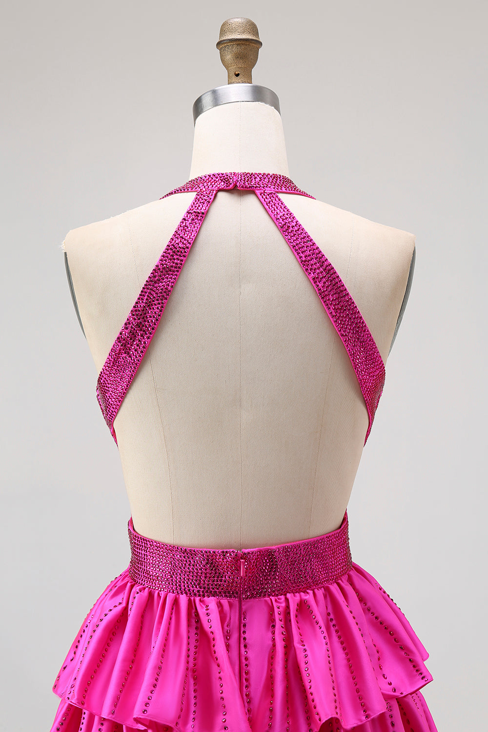 Sparkly Fuchsia A-Line Halter Tiered Long Formal Dress with Beading