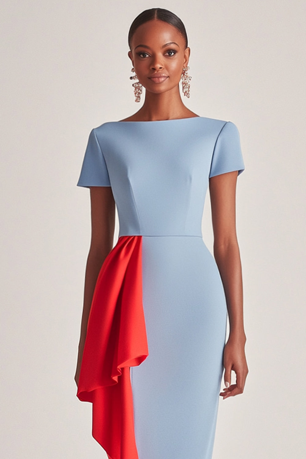 Blue Red Sheath Boat Neck Mother of the Bride Dress with Side Cape