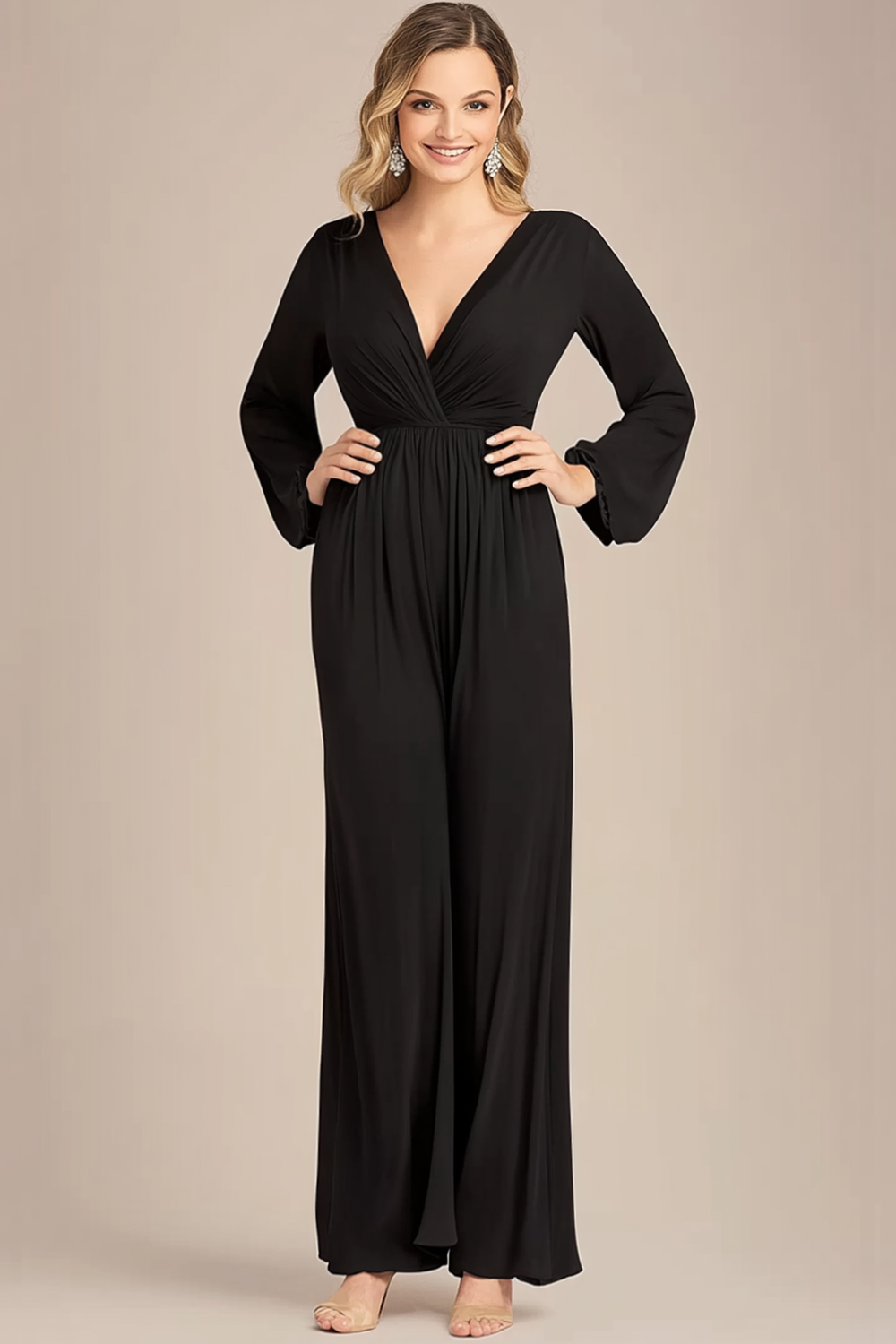 Black Chiffon V-Neck Mother of the Bride Pantsuit with Long Sleeves