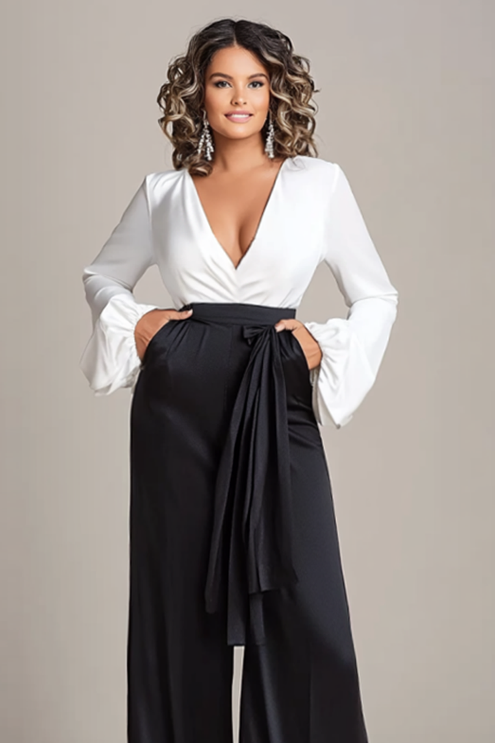 White Black V-Neck Long Sleeves Mother of the Bride Pantsuit