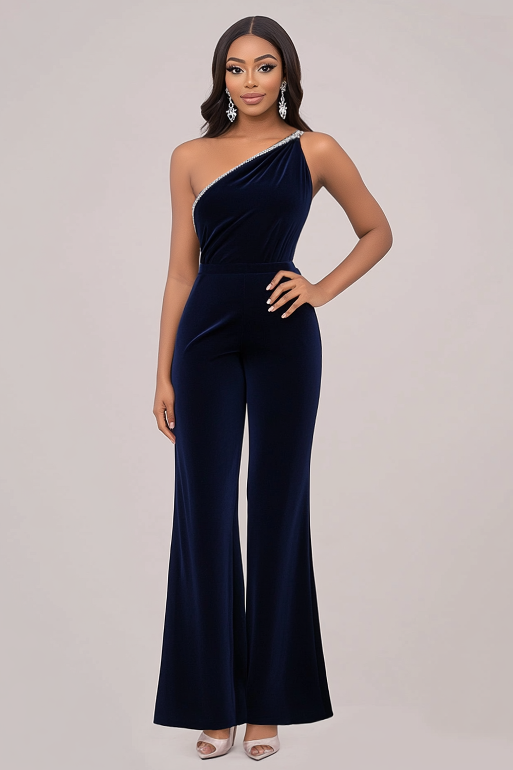 Simple Navy One Shoulder Mother of the Bride Pantsuit with Beading