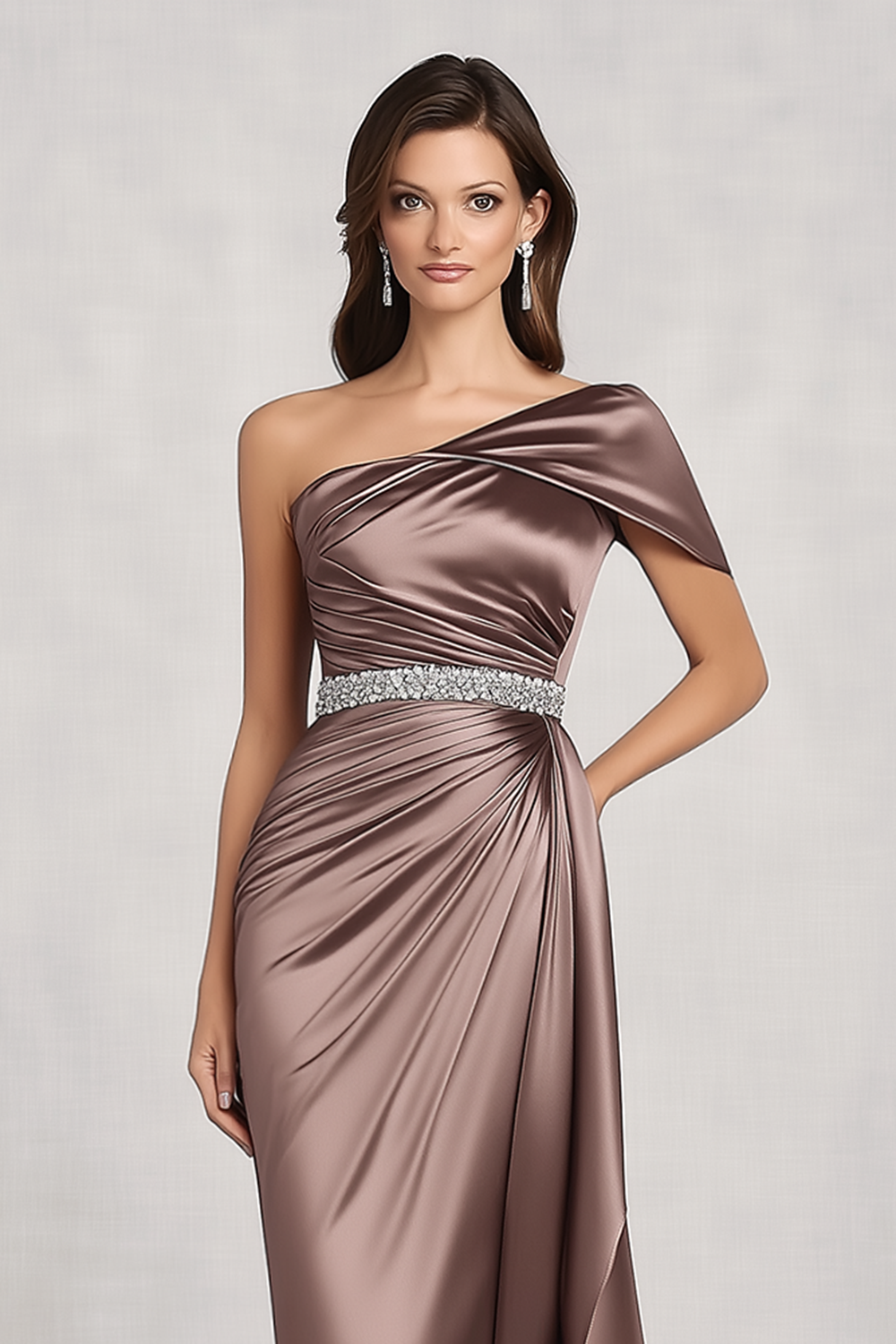 Taupe Sheath Satin One Shoulder Pleated Mother of the Bride Dress