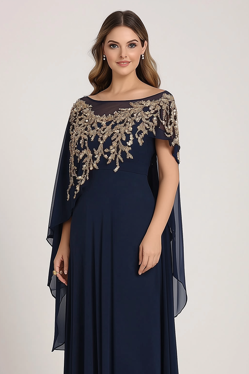 Sparkly Navy Chiffon Maxi Mother of the Bride Dress with Appliques