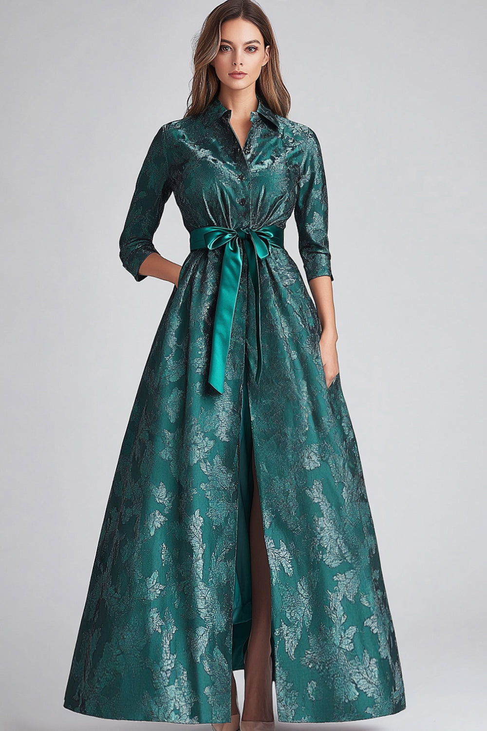 Floral Dark Green A Line Mother of the Bride Dress with Sleeves