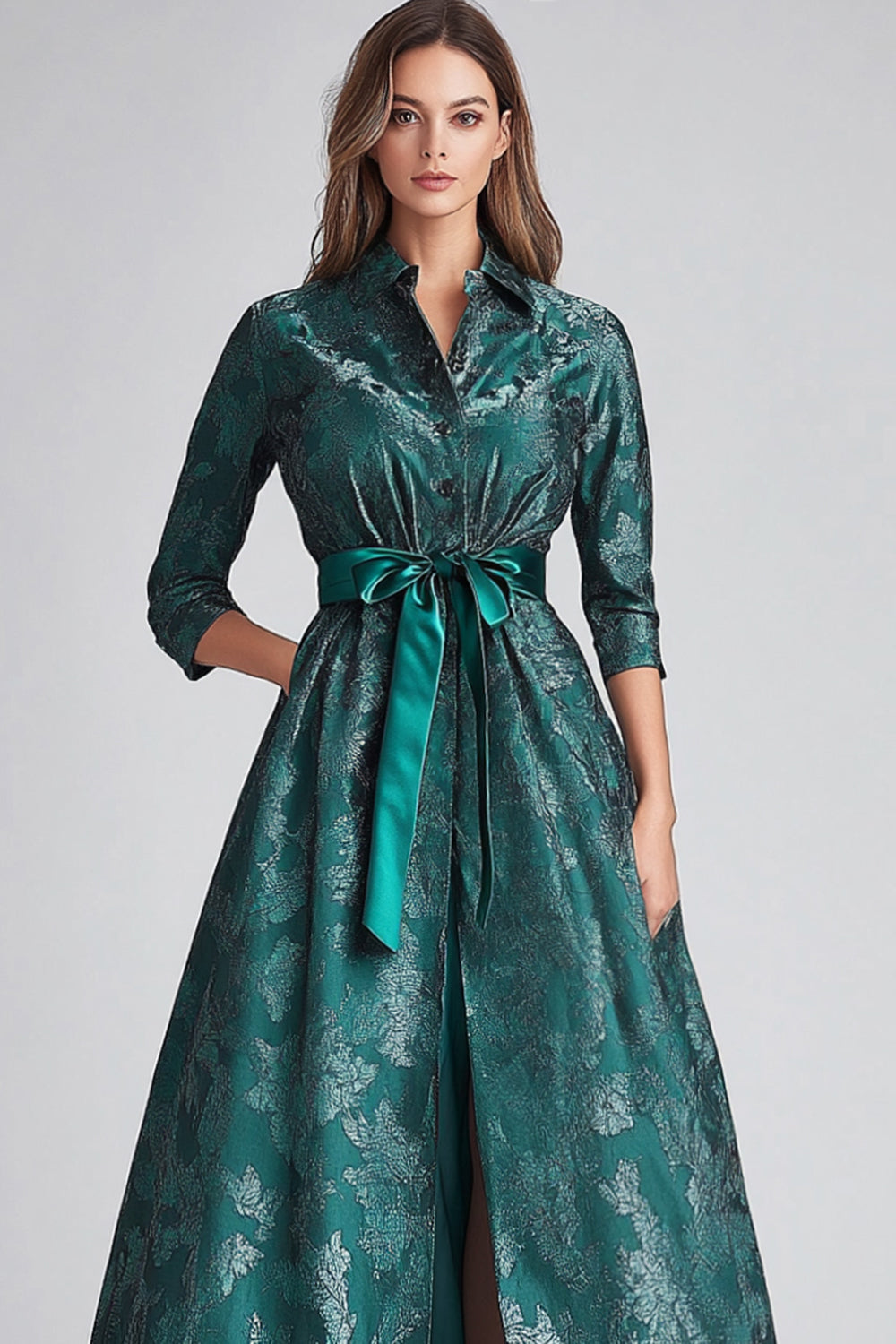 Floral Dark Green A Line Mother of the Bride Dress with Sleeves