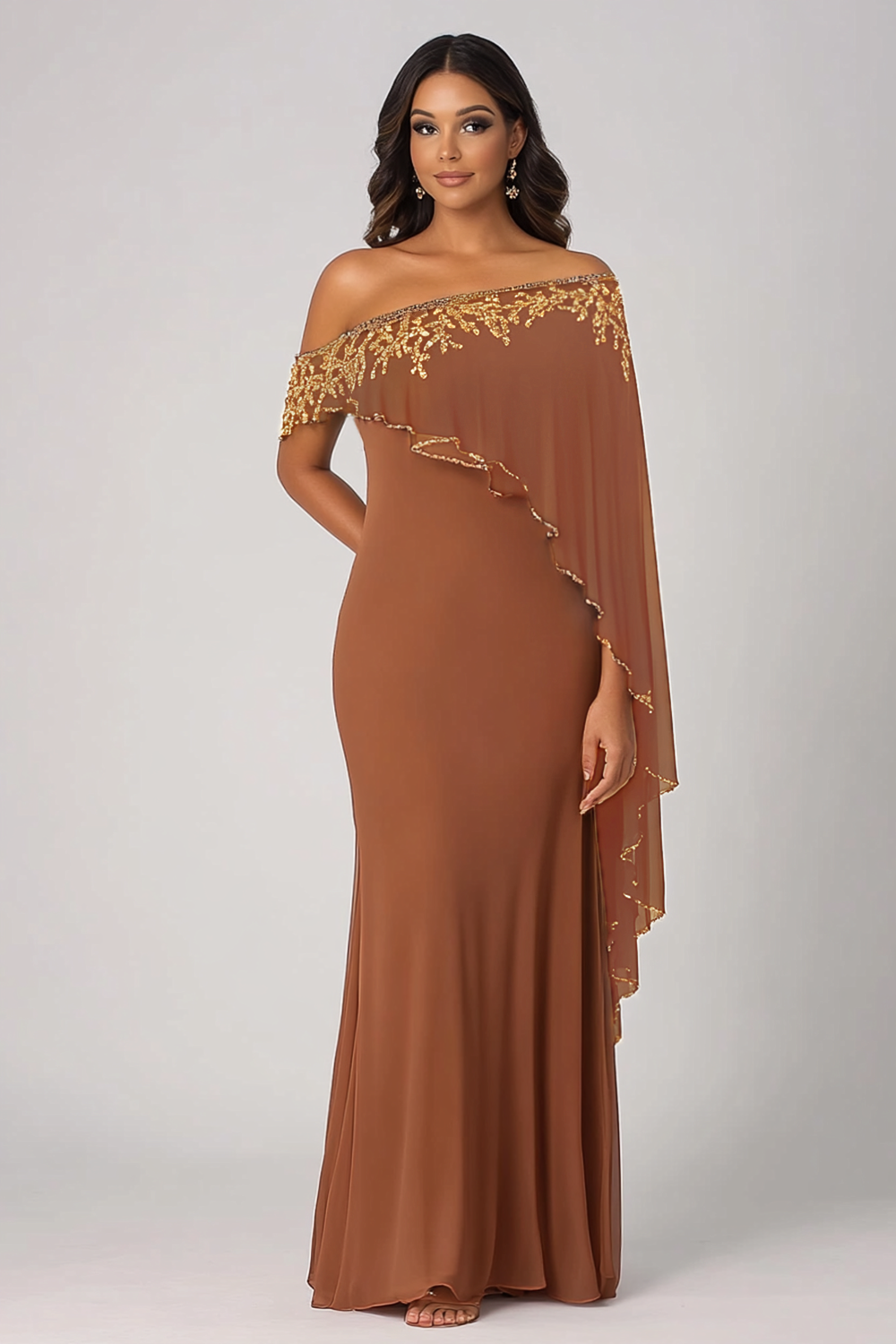 Sparkly Rust Sheath Off the Shoulder Chiffon Maxi Mother of the Bride Dress
