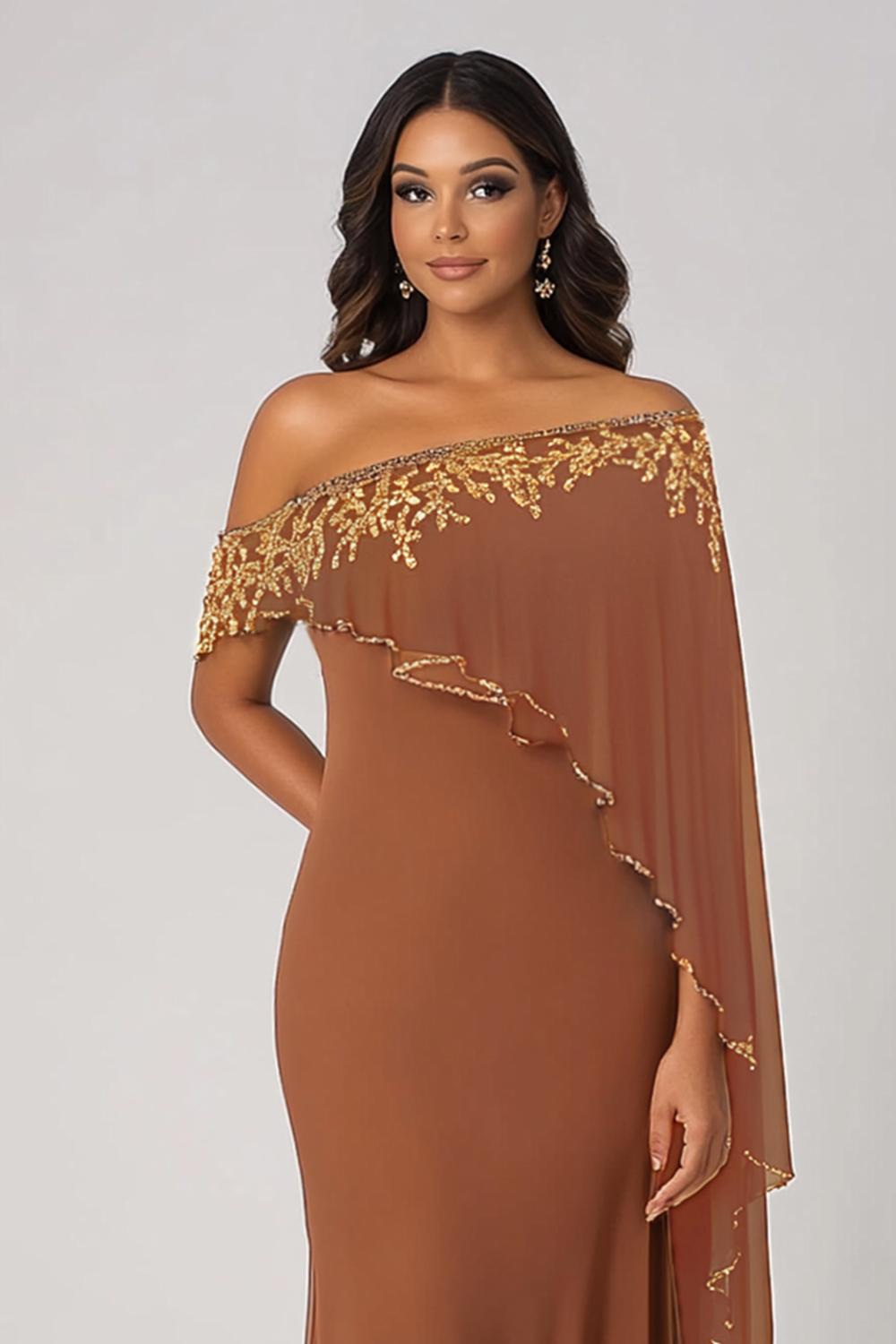 Sparkly Rust Sheath Off the Shoulder Chiffon Maxi Mother of the Bride Dress