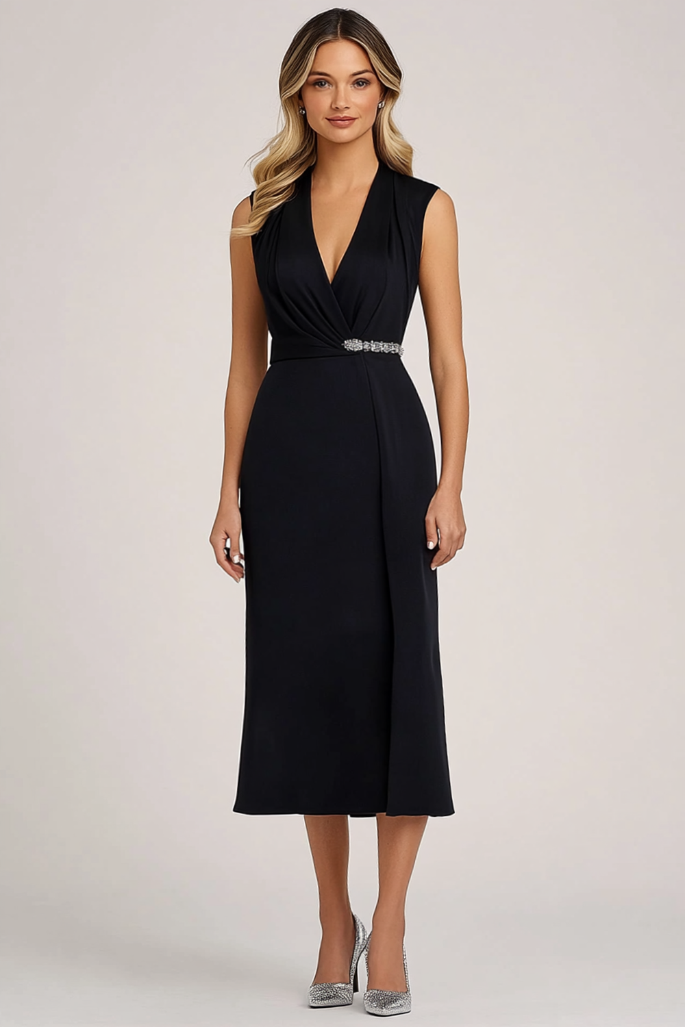 Black Chiffon V-Neck Sleeveless Tea Length Mother of the Bride Dress
