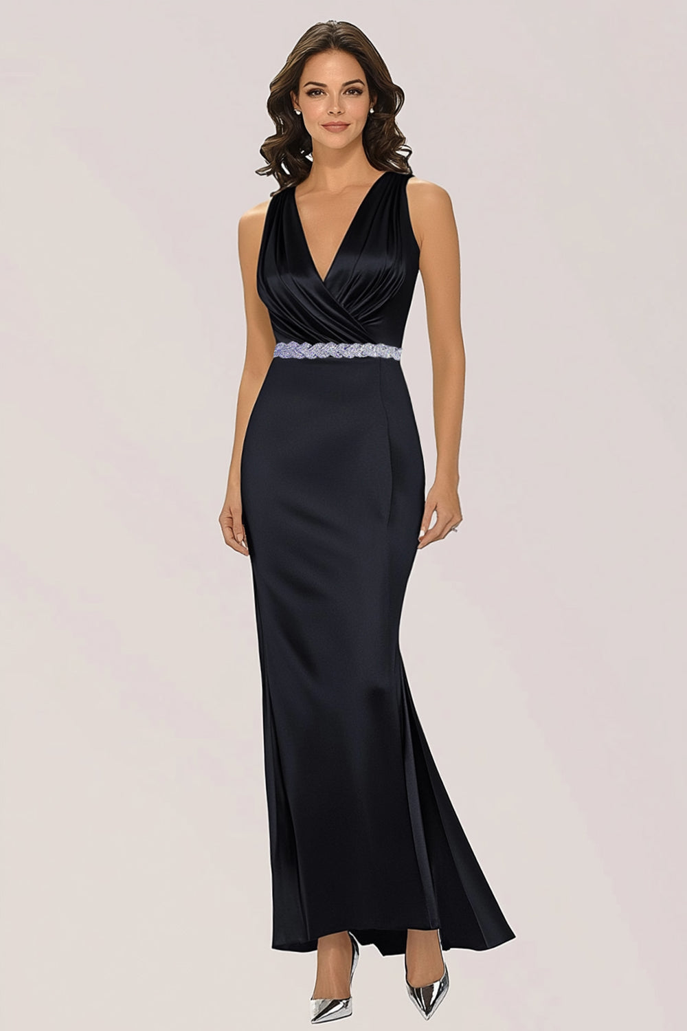 Black Satin Sheath V-Neck Mother of the Bride Dress