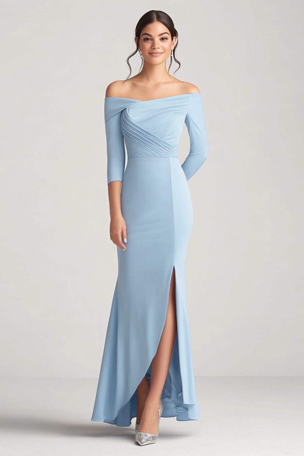 Sky Blue Off the Shoulder Chiffon Long Sleeves Mother of the Bride Dress