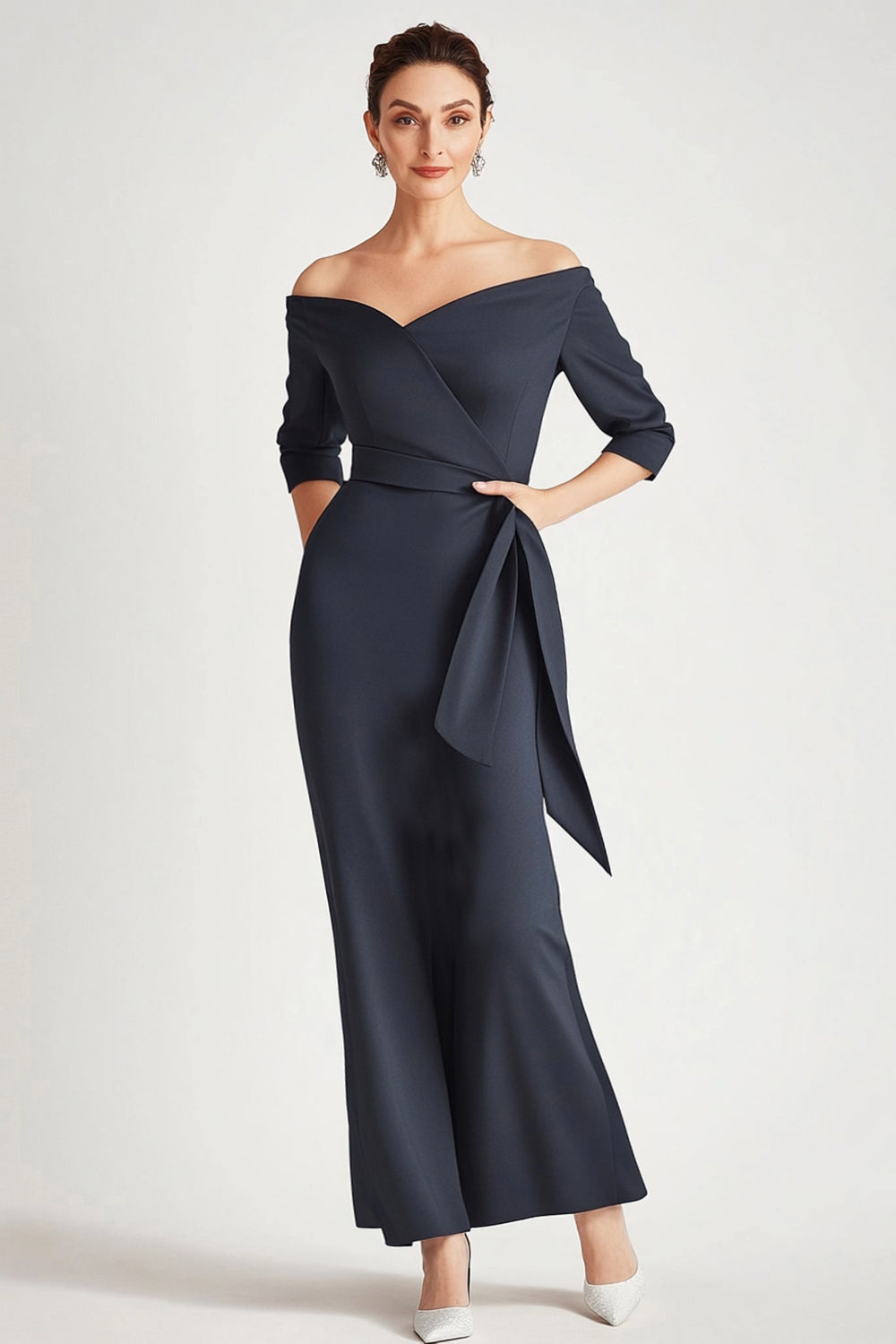 Elegant Navy Off the Shoulder Satin Ankle-Length Mother of the Bride Dress