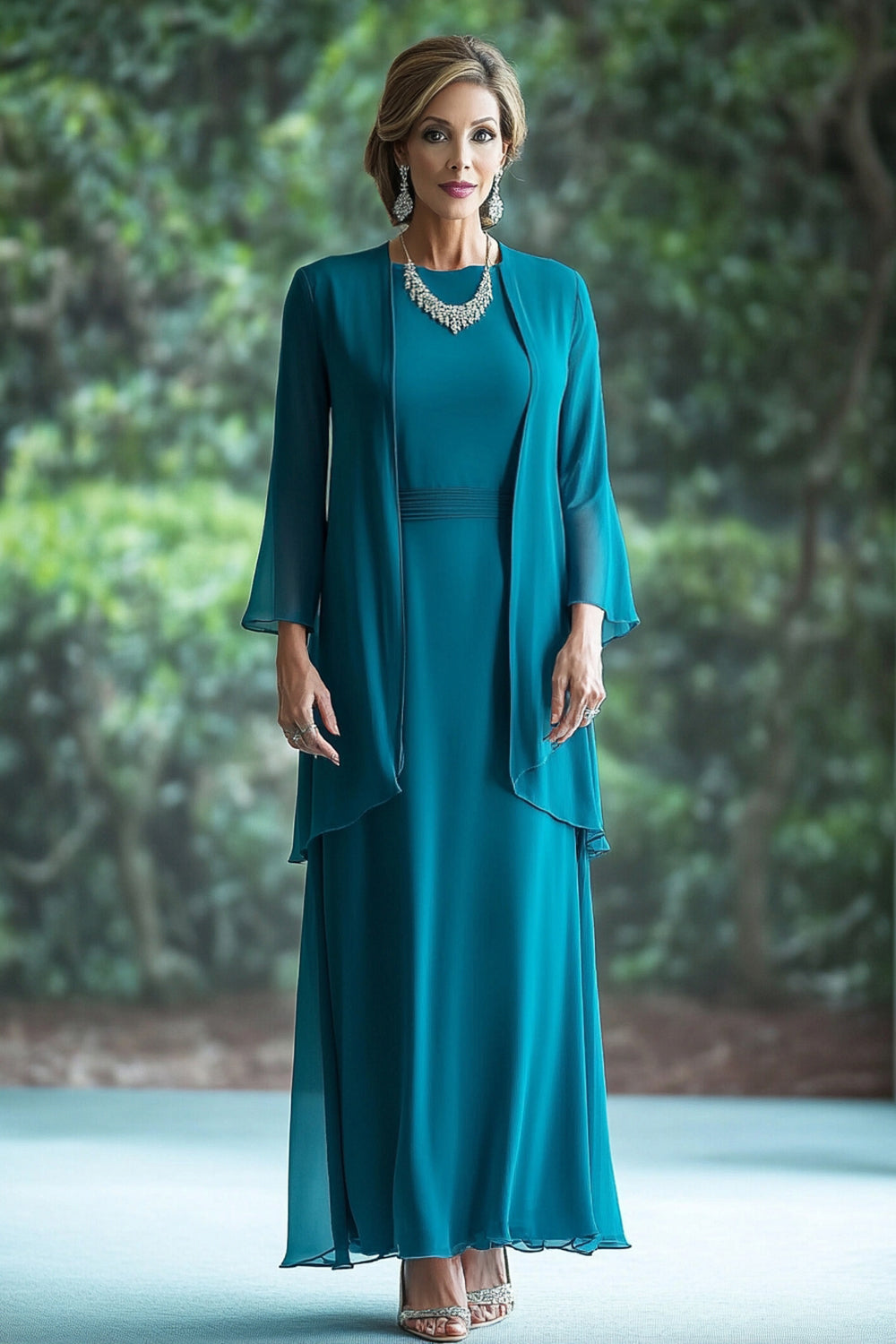 Chiffon Peacock Long Sleeves Mother of Bride Dress with Jacket