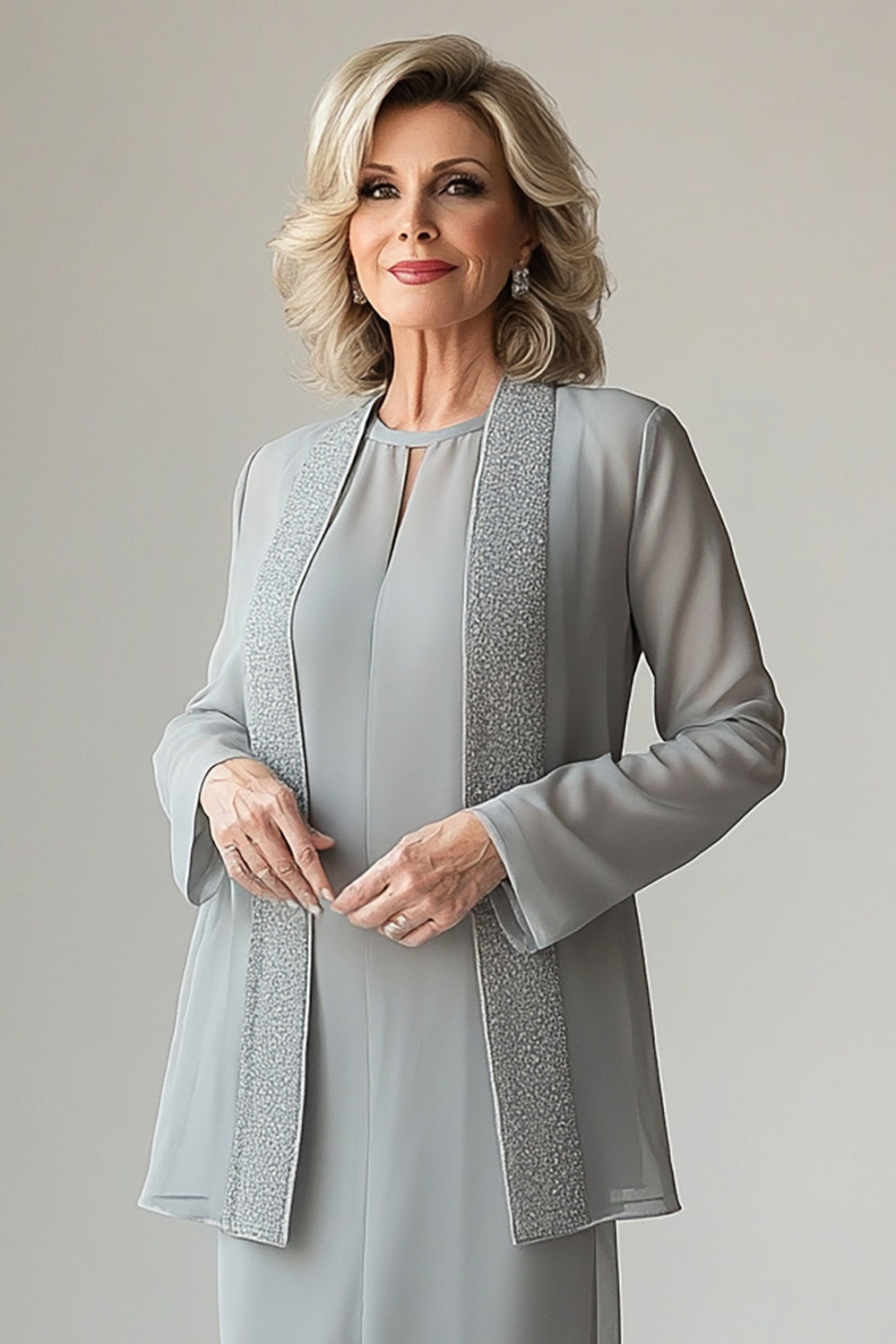 Light Grey Chiffon Tea Length Mother of the Bride Dress with Jackets