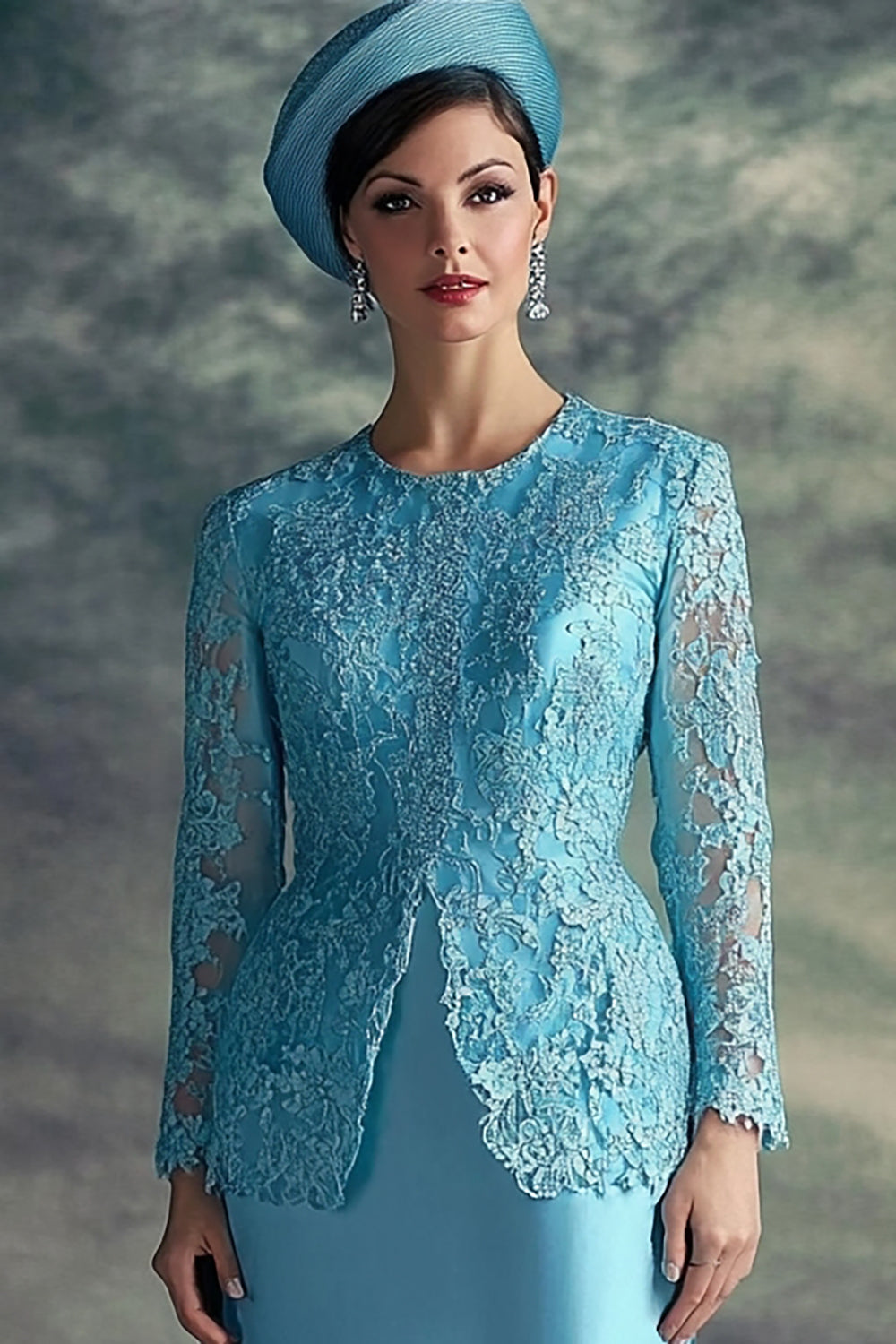 Floral Blue Midi Long Sleeves Mother of the Bride Dress with Lace