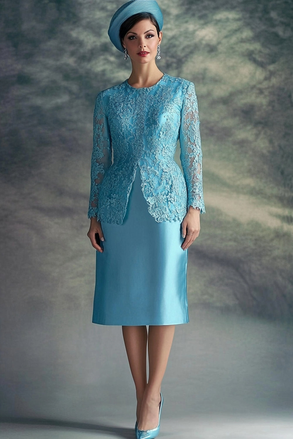 Floral Blue Midi Long Sleeves Mother of the Bride Dress with Lace