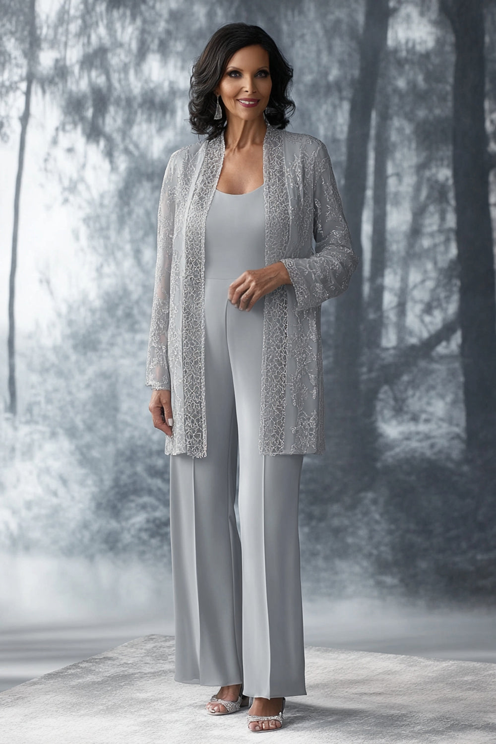 Light Grey Scoop Chiffon Mother of the Bride Pansuit with Jackets