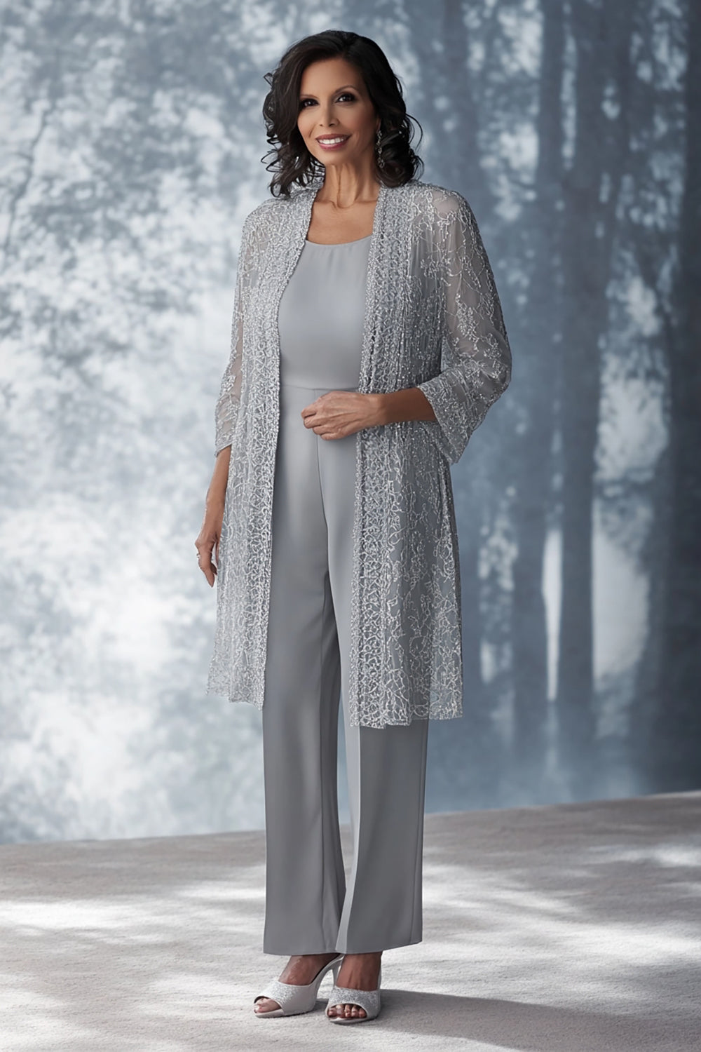 Light Grey Scoop Chiffon Mother of the Bride Pansuit with Jackets