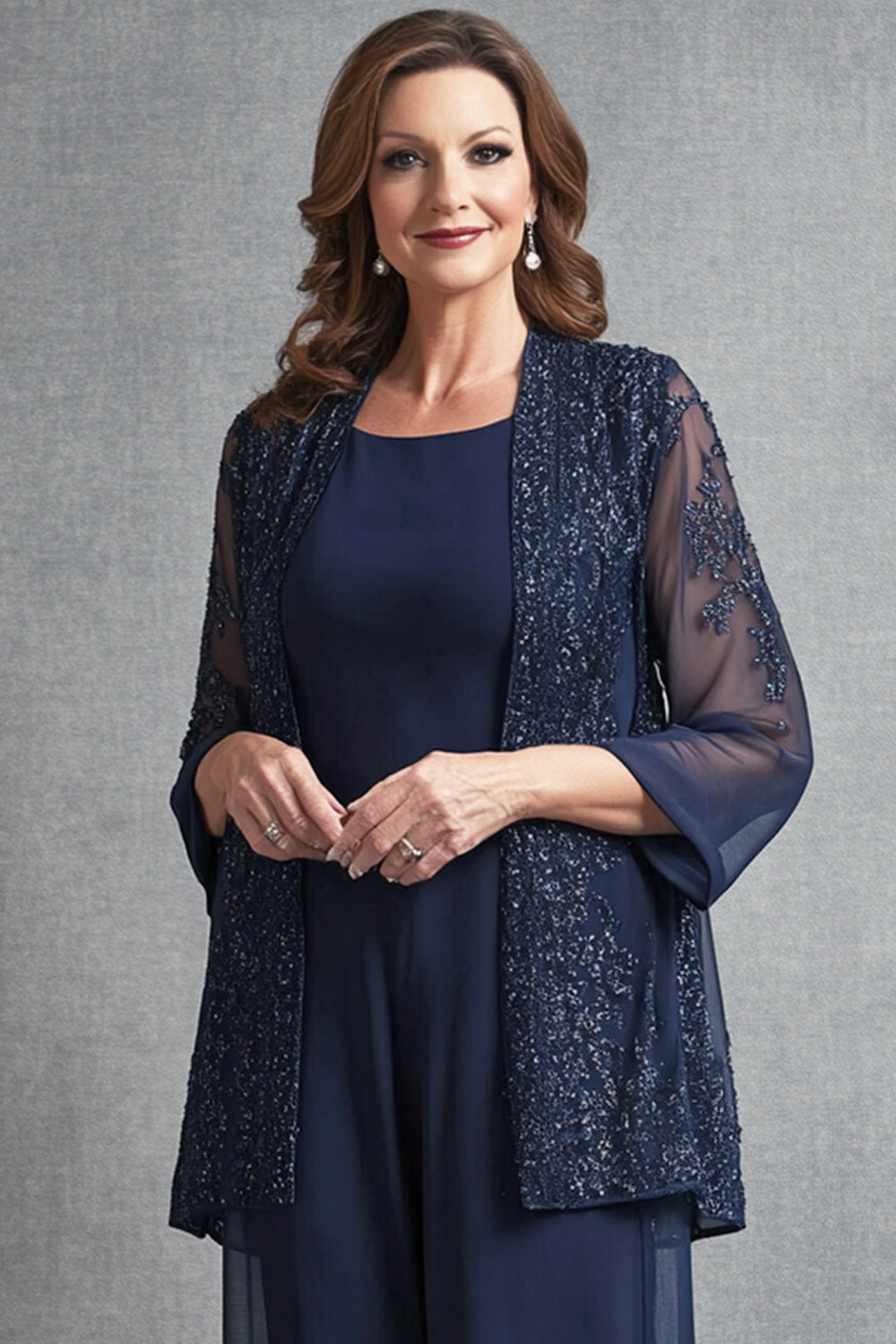Sparkly Navy Chiffon 3/4 Sleeves Mother of the Bride Pantsuit with Jackets