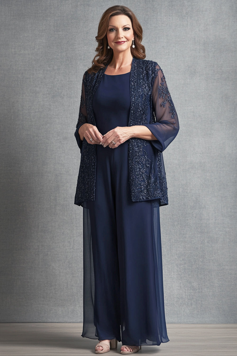 Dresstells Women Wedding Guest Dress Sparkly Navy Jumpsuit with Jacket Chiffon Floor Length Mother of the Bride Dress with Appliques Lace