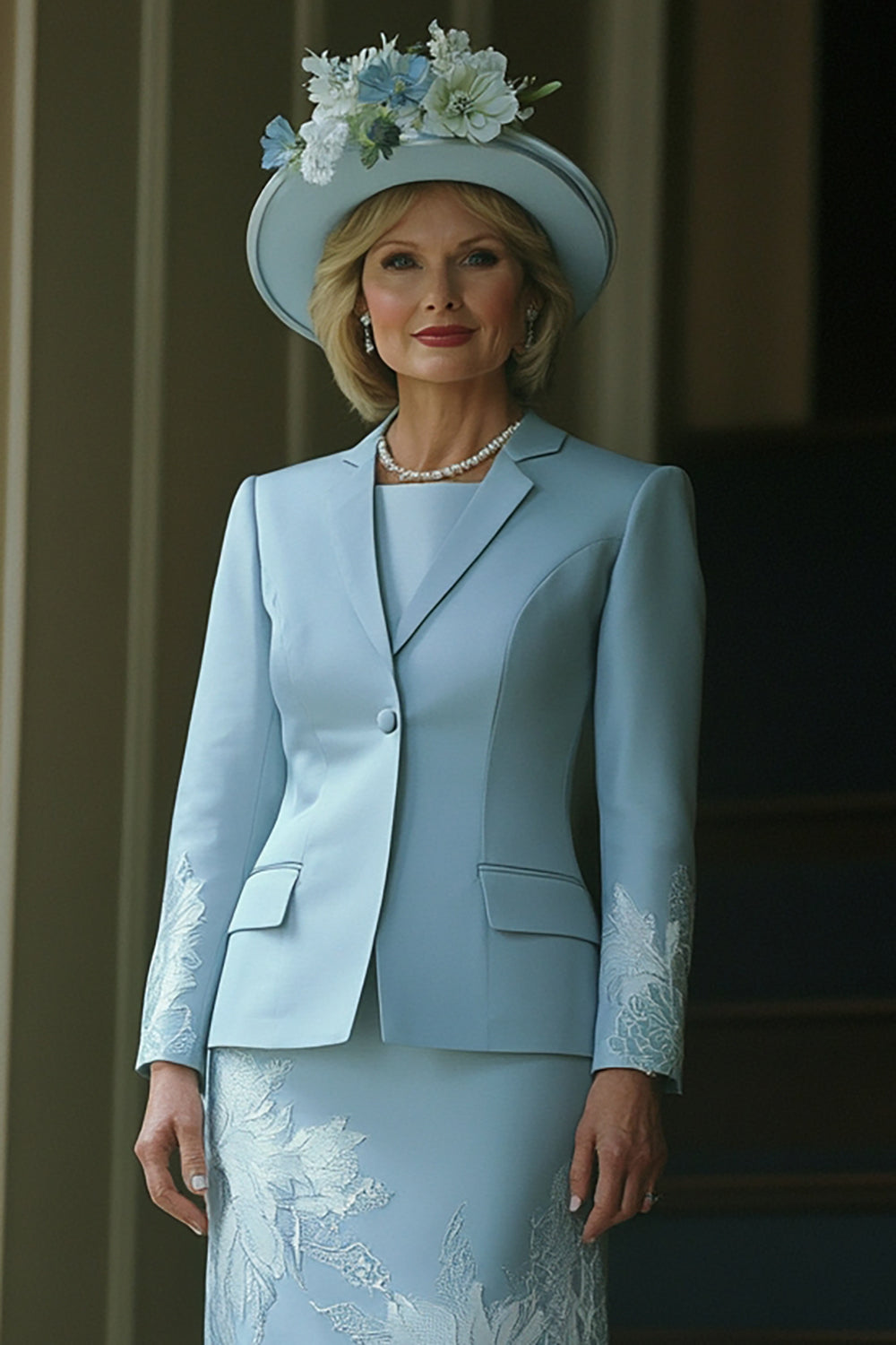 Elegant Blue Floral Embroidered Mother of the Bride Dress with Jackets