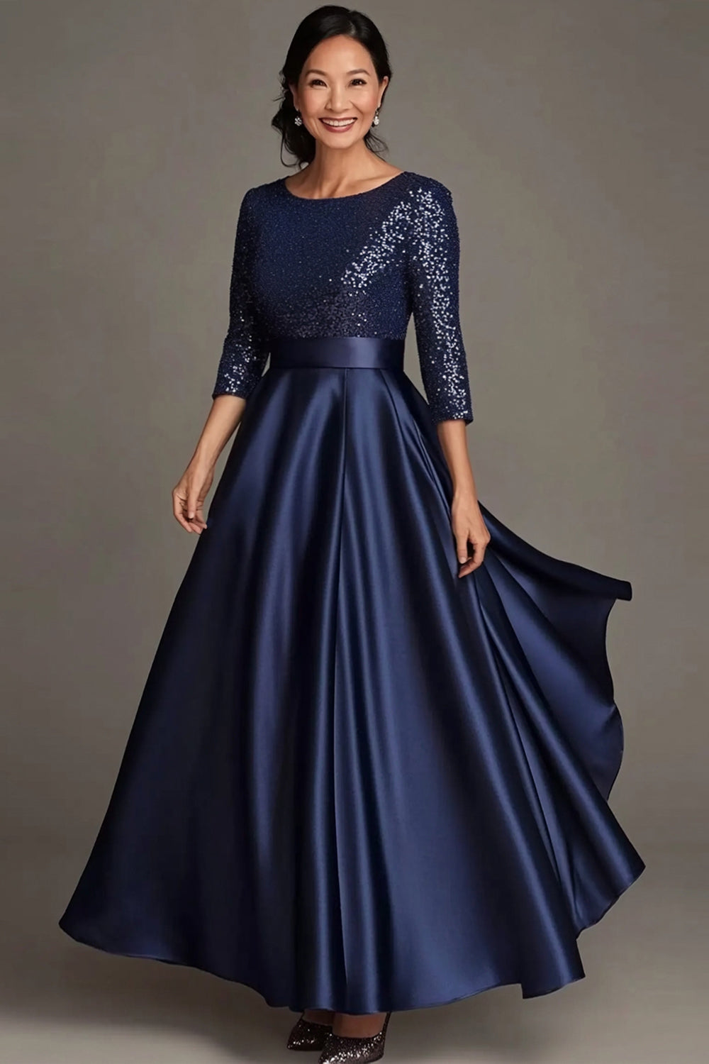 Dresstells Women Sparkly Navy Mother of the Bride Dress Satin Scoop Neck A Line 3/4 Sleeves Mother Dress