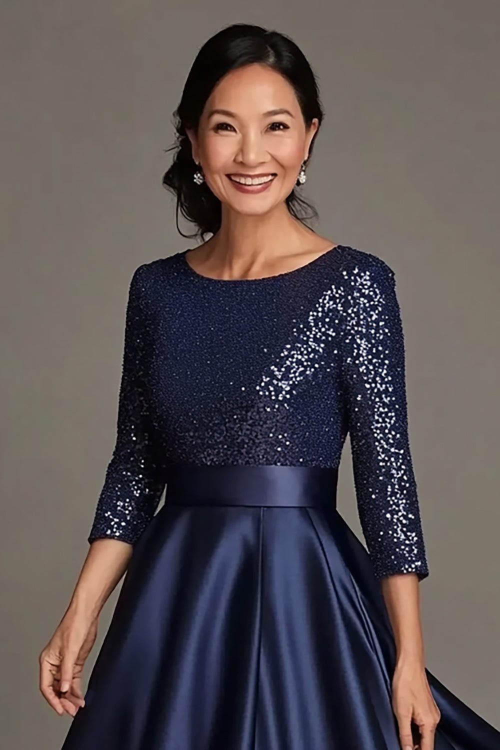 Navy Satin A Line Long Mother of the Bride Dress with Sequins