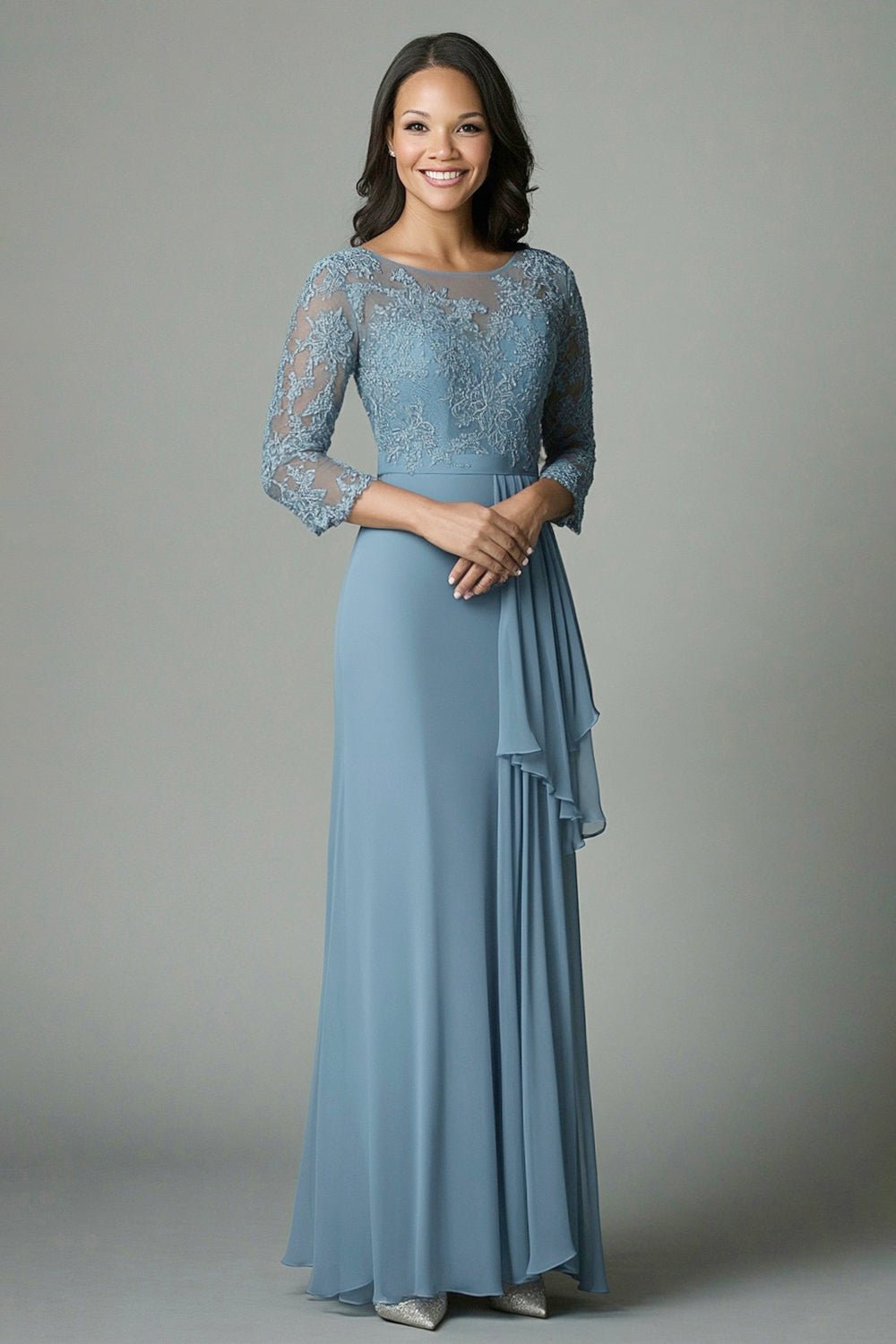 Dusty Blue Chiffon Illusion Long Sleeves Mother of the Bride Dress