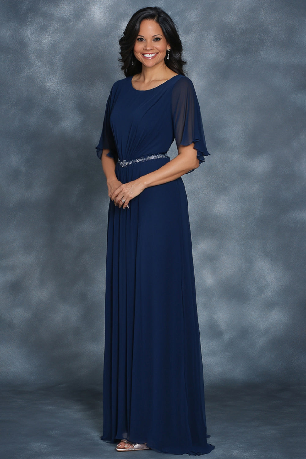 Navy A Line Chiffon Mother of the Bride Dress with Sleeves