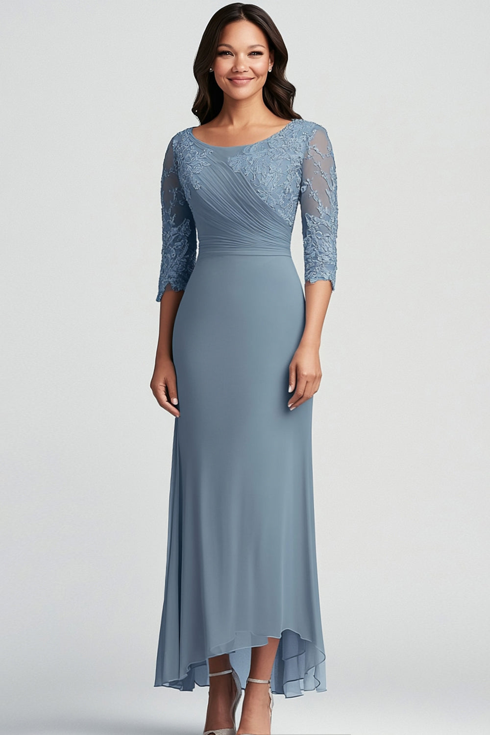 Dusty Blue Sheath Chiffon Asymmetrical Mother of the Bride Dress with Sleeves