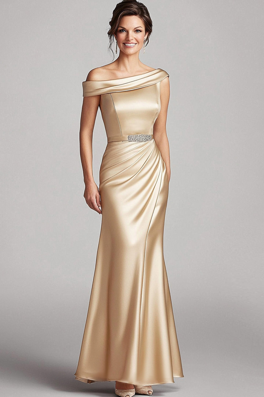Dresstells Women Wedding Guest Dress Champagne Satin Mother of the Bride Dress with Beading Sheath Ruched Floor Length Mother Dress
