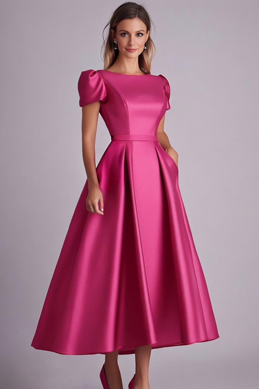 Dresstells Women Wedding Guest Dress Fuchsia Satin Mother of the Bride Dress A Line Puff Sleeves Boat Neck Mother of the Groom Dress