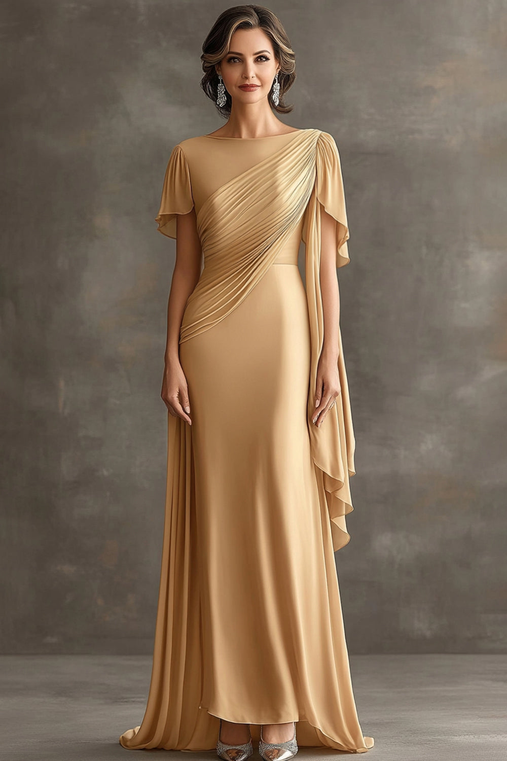 Golden Sheath Ruched Maxi Mother of the Bride Dress with Back Cape