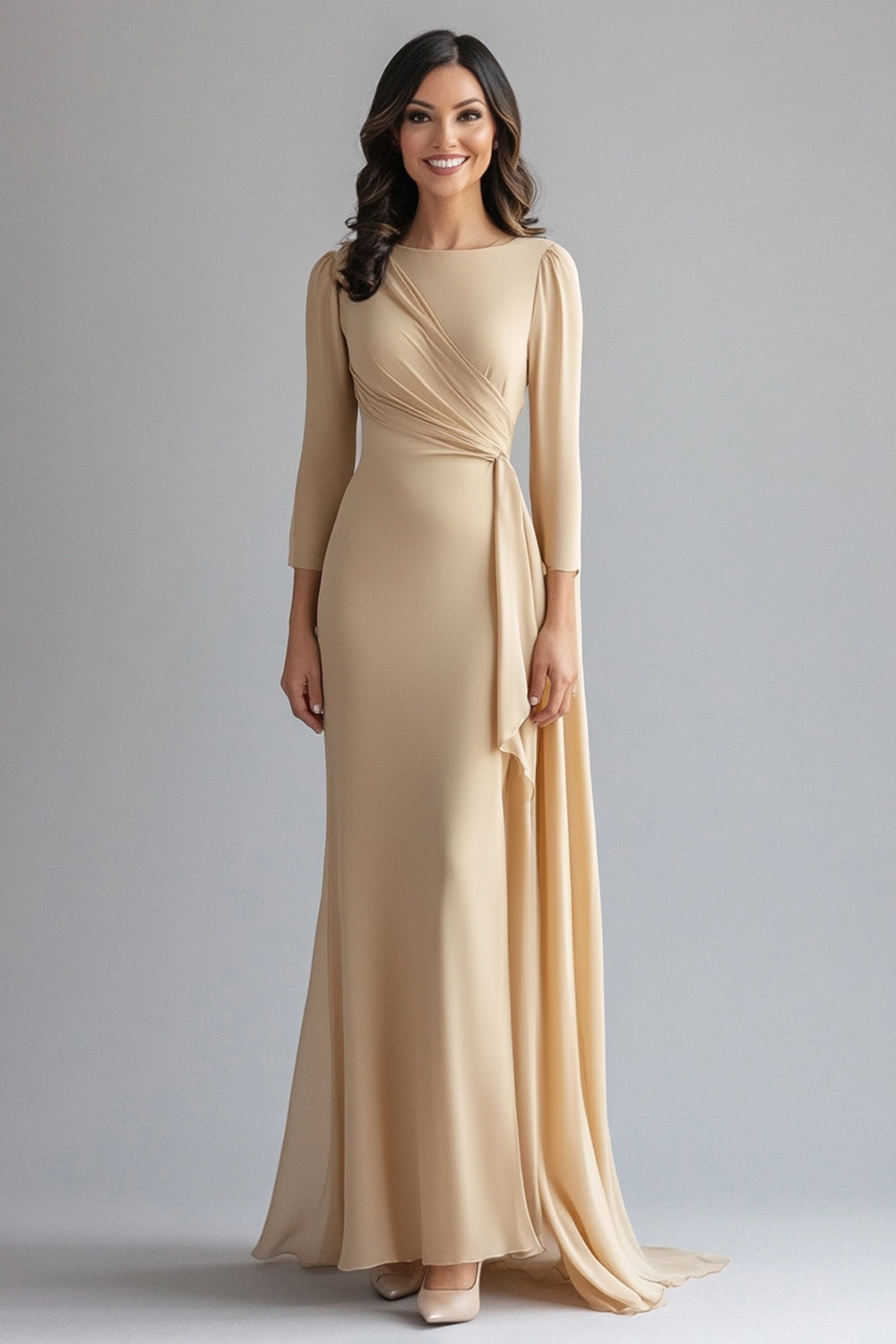 Champagne Sheath Long Sleeves Mother of the Bride Dress with Side Cape