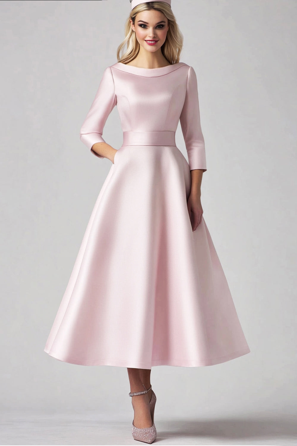 Pink Satin A Line Tea Length Mother of the Bride Dress with Sleeves