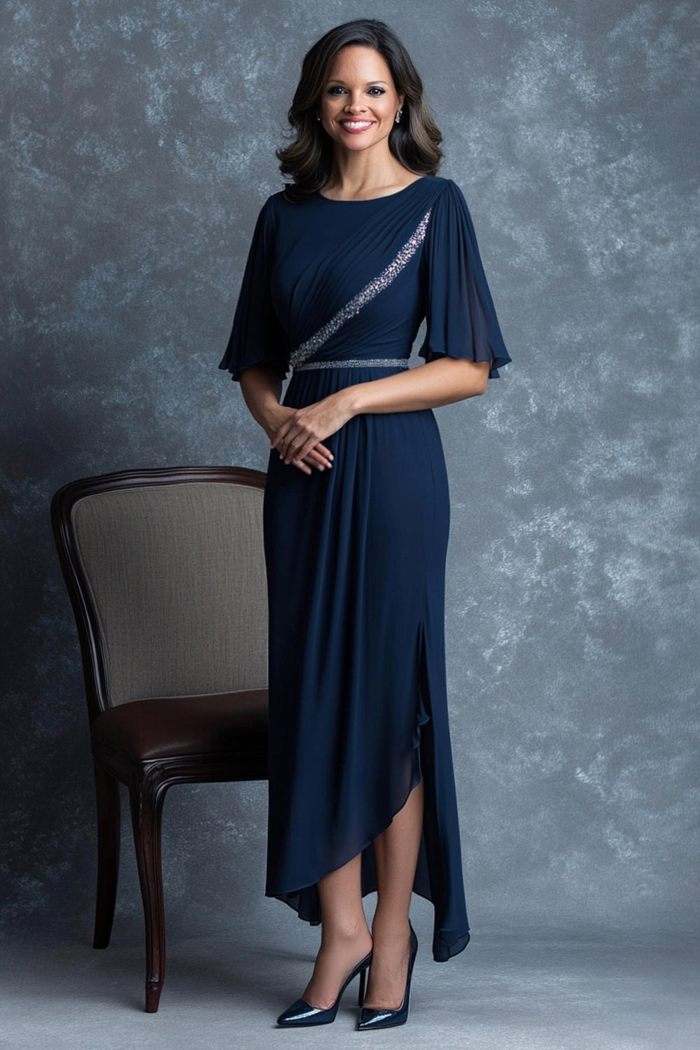 Navy Asymmetrical Chiffon Mother of the Bride Dress with Sleeves
