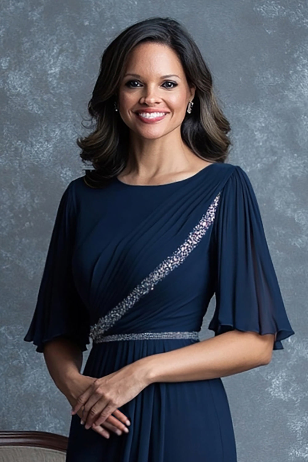 Navy Asymmetrical Chiffon Mother of the Bride Dress with Sleeves